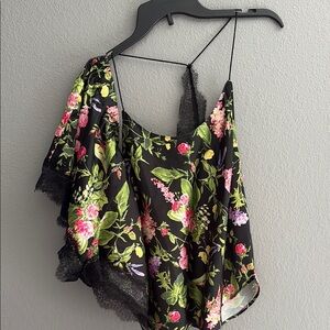 Victoria Secret Silk Floral Black Lace Trim PJ Set